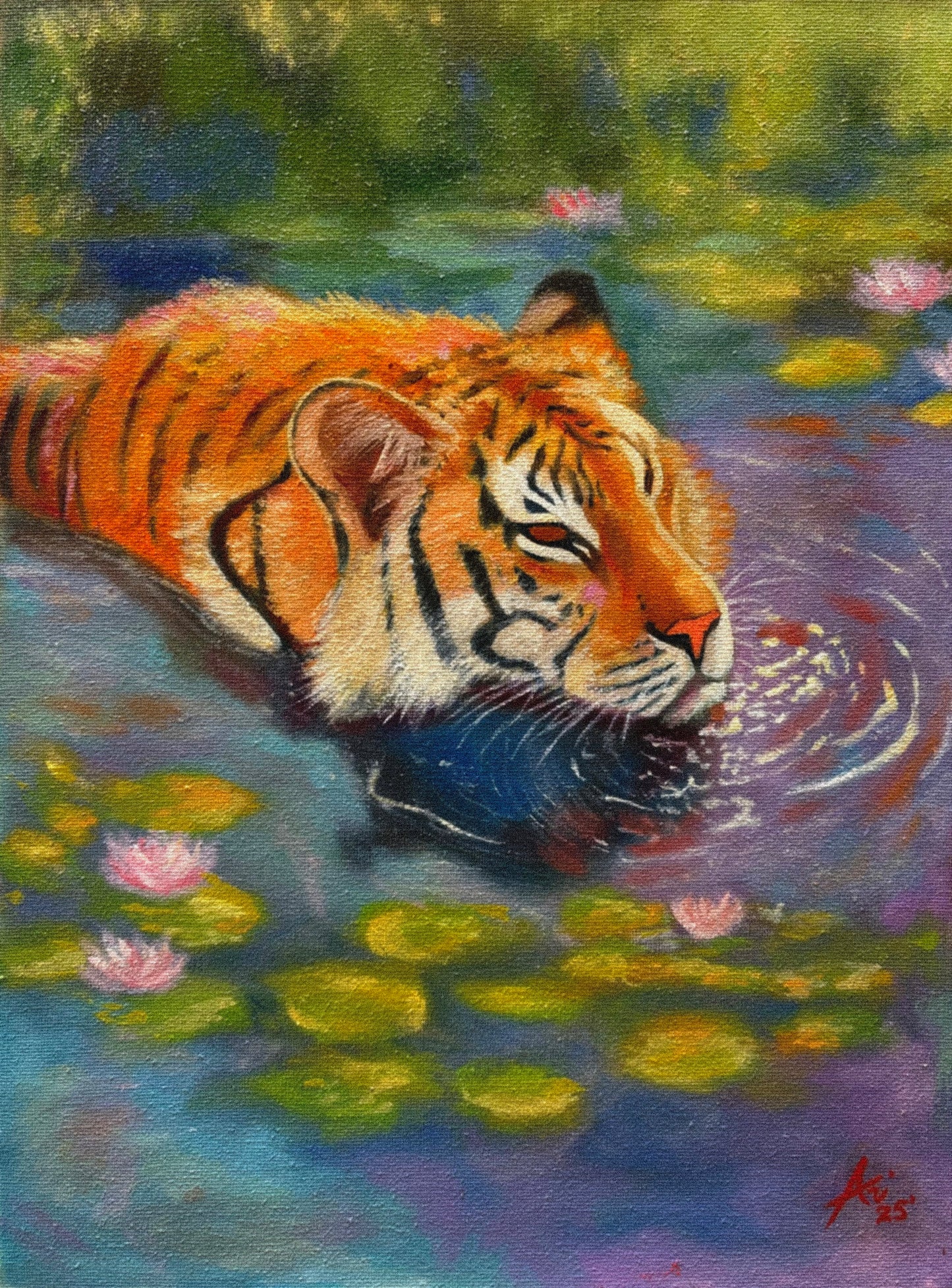 “Tiger in a Lotus Pond” — Wooden Framed Fine Art Print
