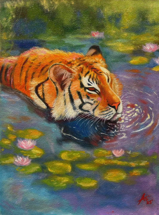 “Tiger in Lotus Pond” — Museum-Quality Fine Art Print